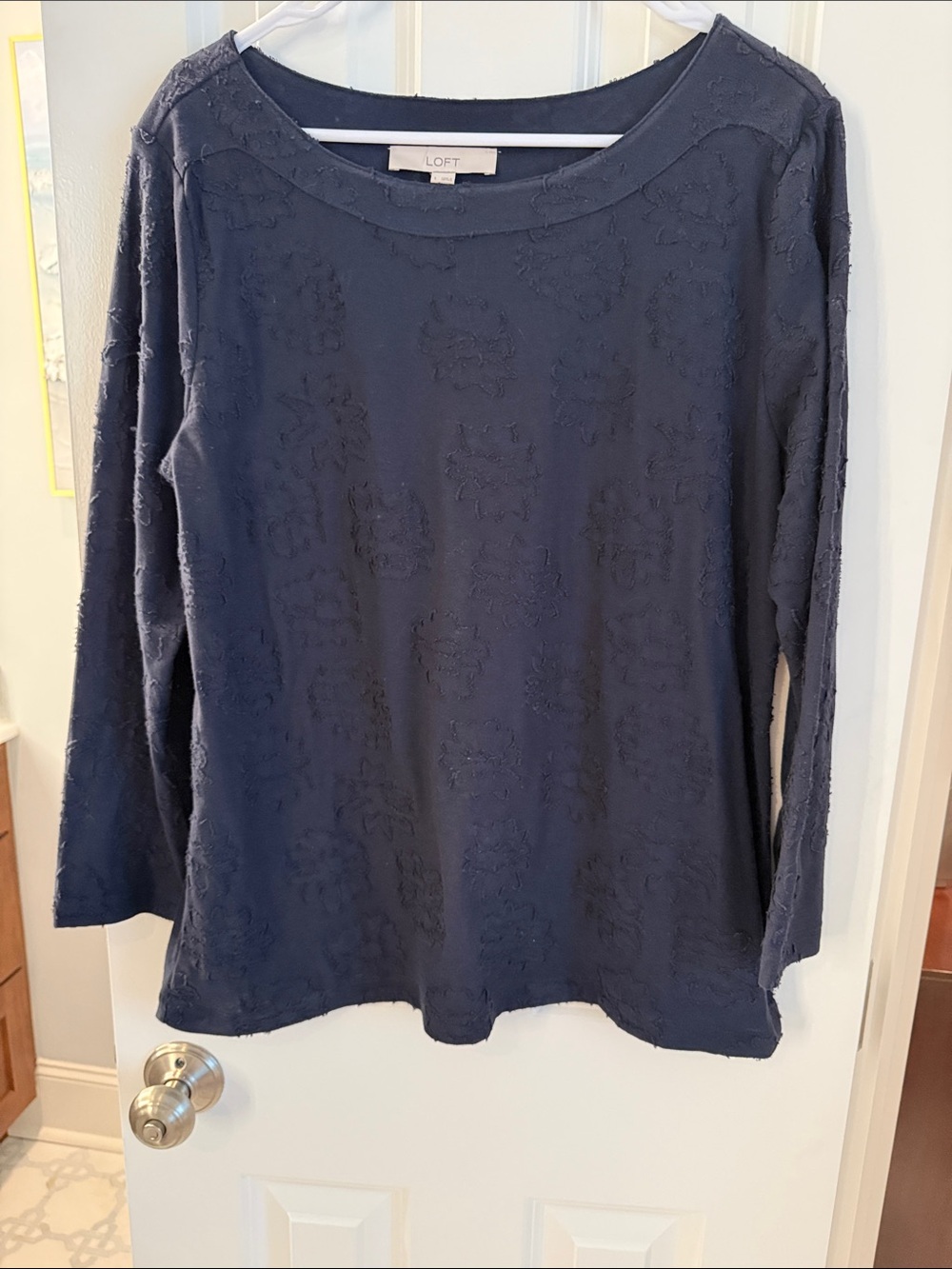 LOFT Navy Textured Long Sleeve Crewneck Top